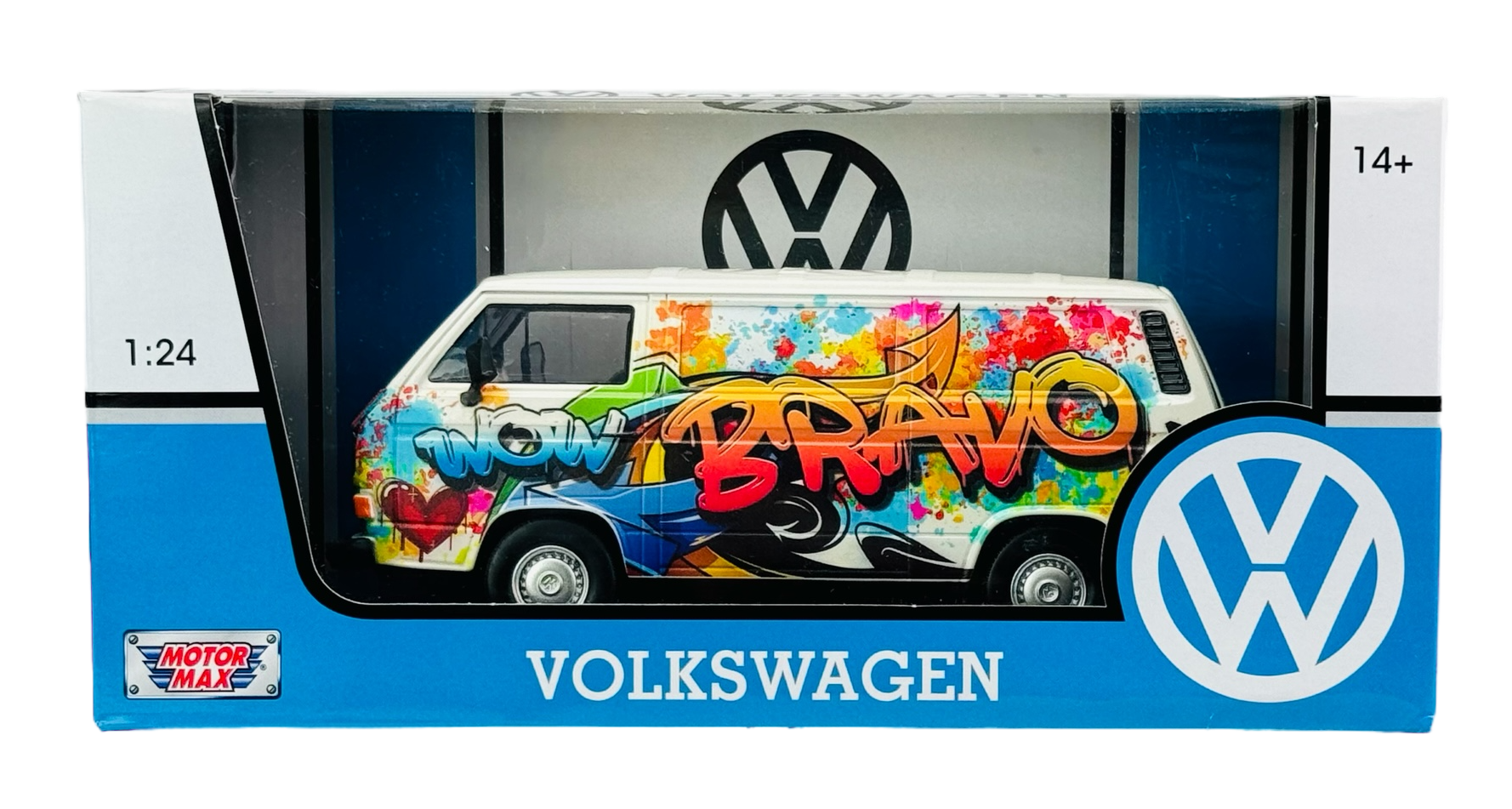 Model samochodu Volkswagen Transporter T3 z kolorowym graffiti na boku, w opakowaniu z logo Volkswagen i oznaczeniem 1:24. Na opakowaniu widoczne są napisy: \'Motormax\' i \'Volkswagen\'.
