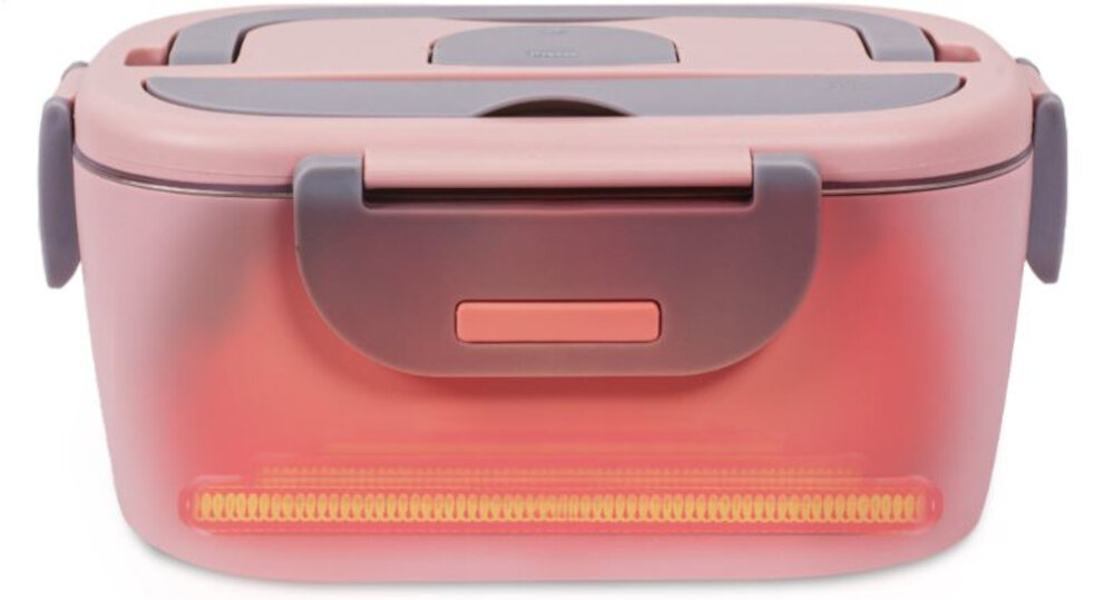 Różowy elektryczny lunch box z szarymi elementami, posiada uchwyt i przycisk na przedniej stronie. Na pokrywie widoczne jest logo producenta.