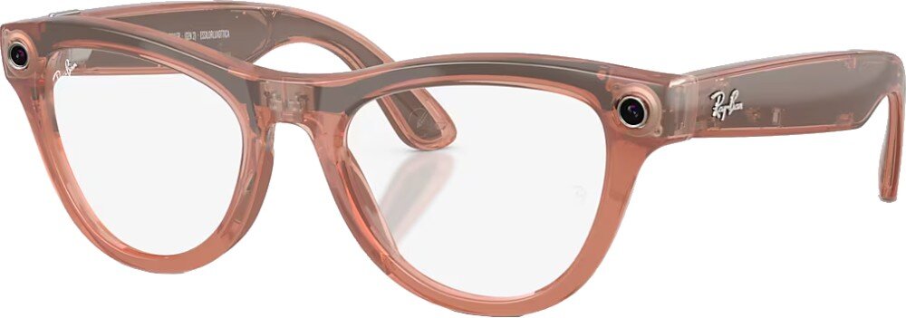Okulary w kolorze brzoskwiniowym z przezroczystymi soczewkami i logo \'Ray-Ban\' na zauszniku.
