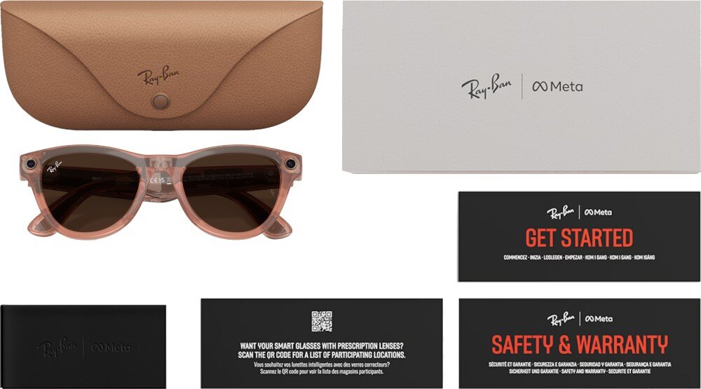 Na obrazie widoczne są okulary przeciwsłoneczne w brzoskwiniowym kolorze, etui z logo Ray-Ban oraz pudełko z napisem \'Ray-Ban Meta\'. Obok znajdują się karty z napisami \'GET STARTED\' i \'SAFETY & WARRANTY\'.