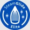 Niebieska ikona z białym symbolem stopy żelazka i napisem \'SteamGlide Elite\'.