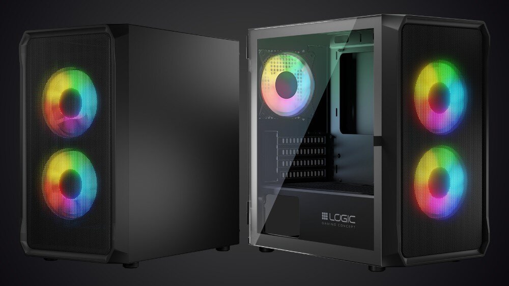 Obraz przedstawia dwa komputery stacjonarne z podświetleniem RGB na wentylatorach. Na jednym z komputerów widoczne jest logo \'LOGIC\'.