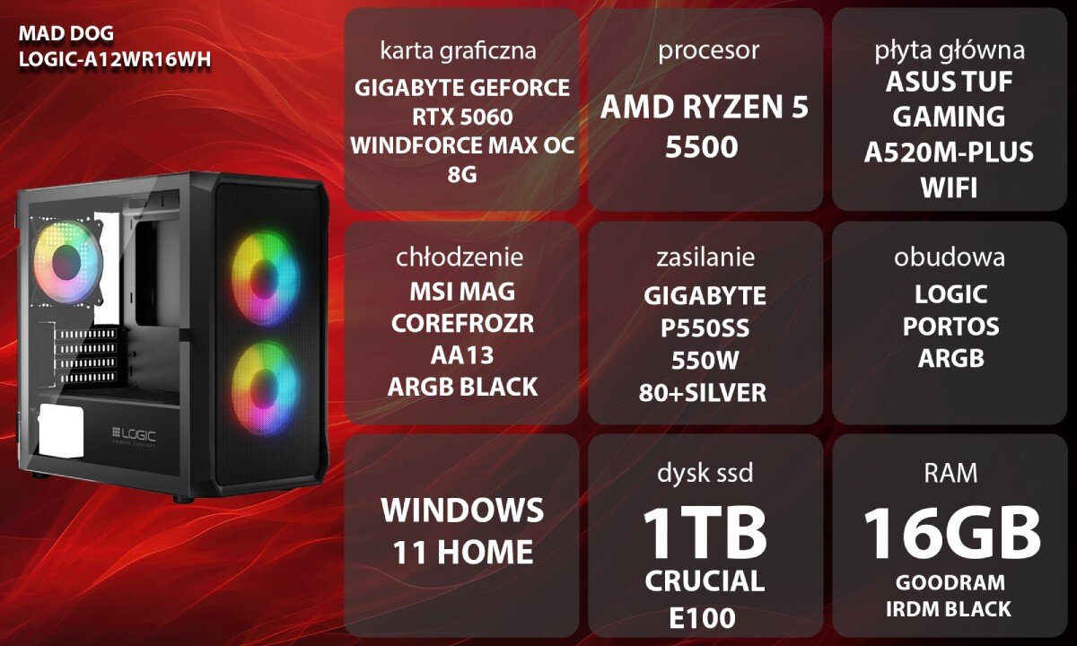 Obraz przedstawia komputer z podświetleniem RGB oraz specyfikację techniczną na czerwonym tle. Specyfikacja obejmuje m.in. kartę graficzną GIGABYTE GeForce RTX 5060, procesor AMD Ryzen 5 5500, 16GB RAM, 1TB SSD i system Windows 11 Home.