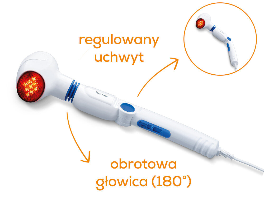 Na obrazie widoczny jest biały masażer z czerwonym podświetleniem na głowicy, z niebieskimi elementami i napisem \'beurer\'. Obok znajdują się napisy: \'regulowany uchwyt\' i \'obrotowa głowica (180°)\'.
