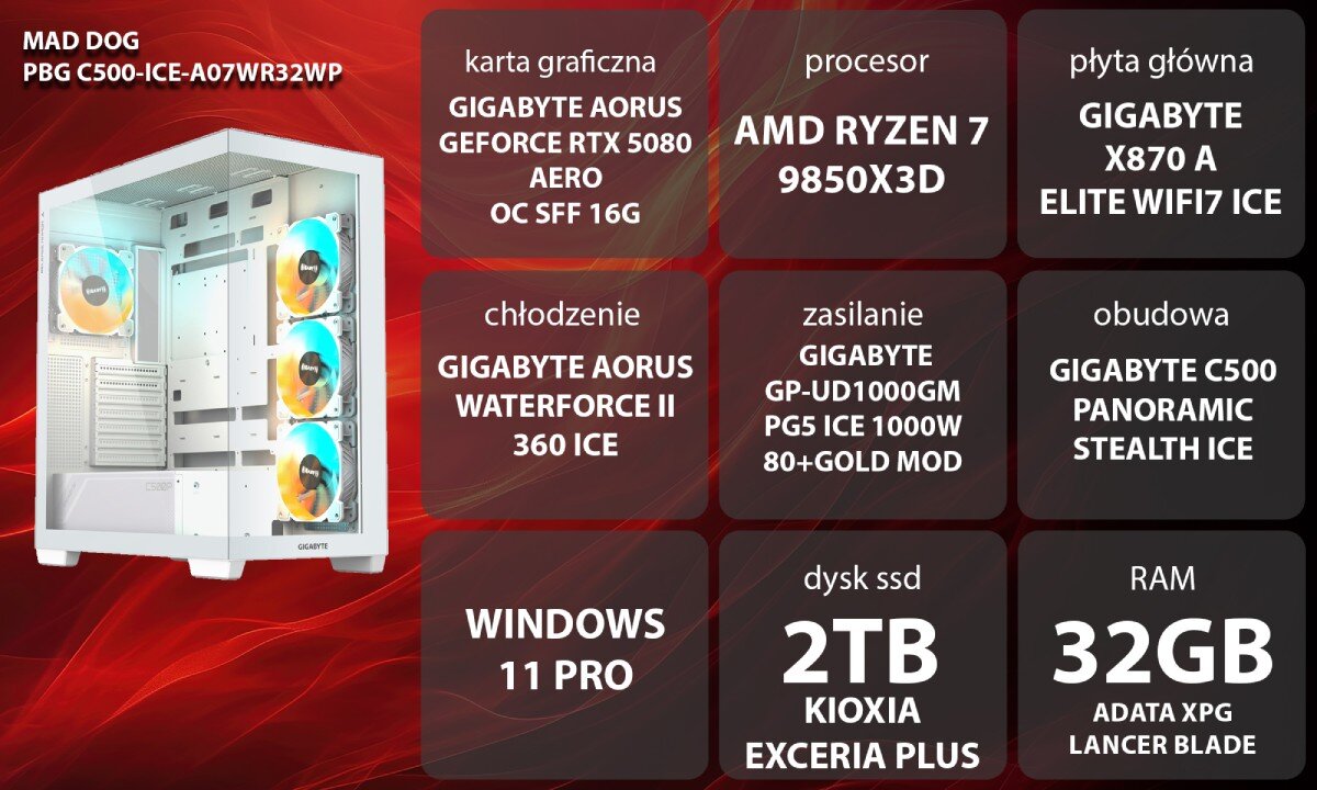 Obraz przedstawia komputer z przezroczystą obudową i podświetleniem, obok którego znajdują się specyfikacje techniczne: karta graficzna GIGABYTE AORUS GeForce RTX 5080 AERO OC SFF 16G, procesor AMD Ryzen 7 9850X3D, płyta główna GIGABYTE X870 A Elite WiFi7 ICE, chłodzenie GIGABYTE AORUS Waterforce II 360 ICE, zasilanie GIGABYTE GP-UD1000GM PGS ICE 1000W 80+Gold MOD, obudowa GIGABYTE C500 Panoramic Stealth ICE, system Windows 11 Pro, dysk SSD 2TB Kioxia Exceria Plus, RAM 32GB ADATA XPG Lancer Blade.