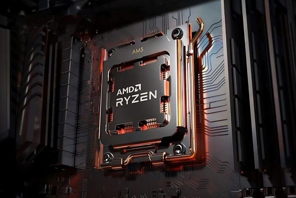 Obraz przedstawia procesor AMD Ryzen zamontowany na płycie głównej z oznaczeniem AM5. Widoczne są detale obwodów i elementy konstrukcyjne płyty.