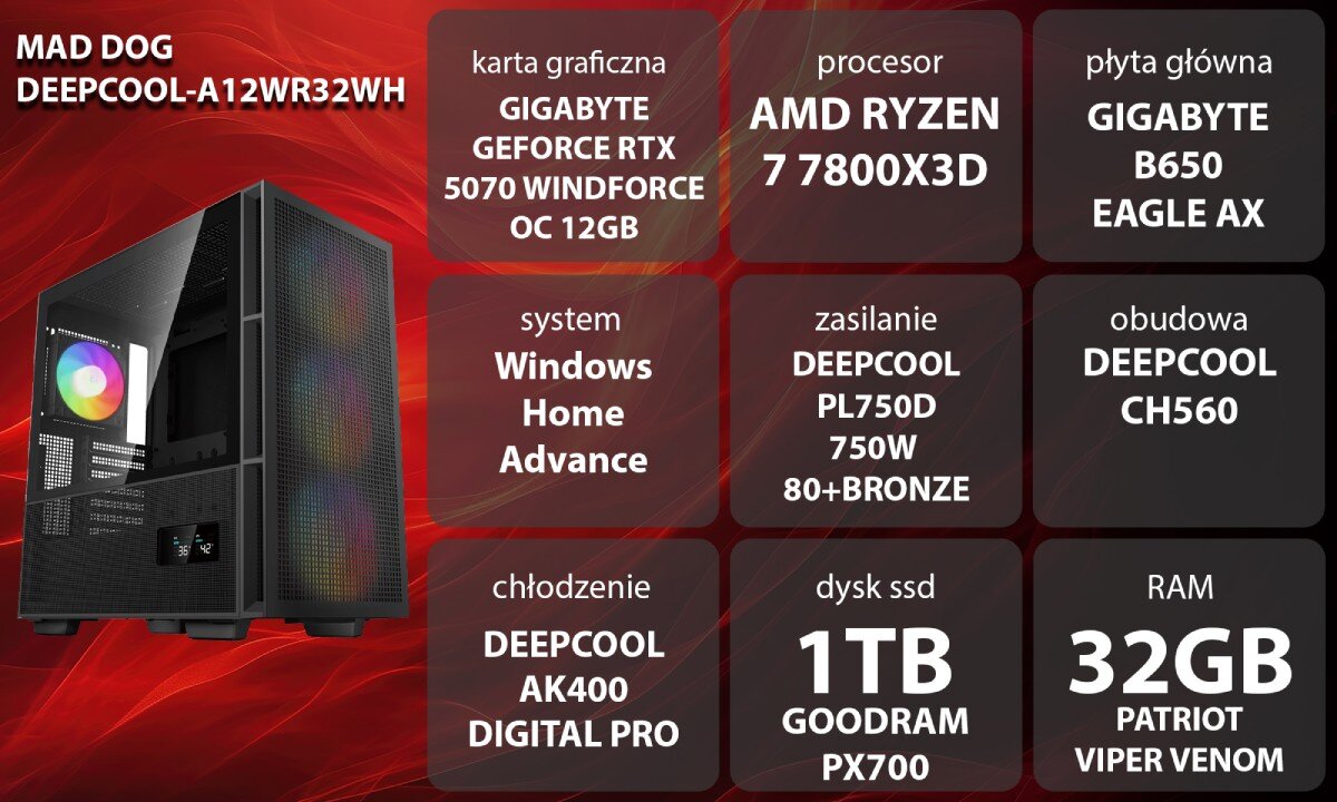 Obraz przedstawia komputer MAD DOG DEEPCOOL-A12WR32WH z widoczną obudową i specyfikacją techniczną. Specyfikacja obejmuje m.in. kartę graficzną GIGABYTE GEFORCE RTX 5070 WINDFORCE OC 12GB, procesor AMD RYZEN 7 7800X3D, 32GB RAM PATRIOT VIPER VENOM oraz dysk SSD 1TB GOODRAM PX700.