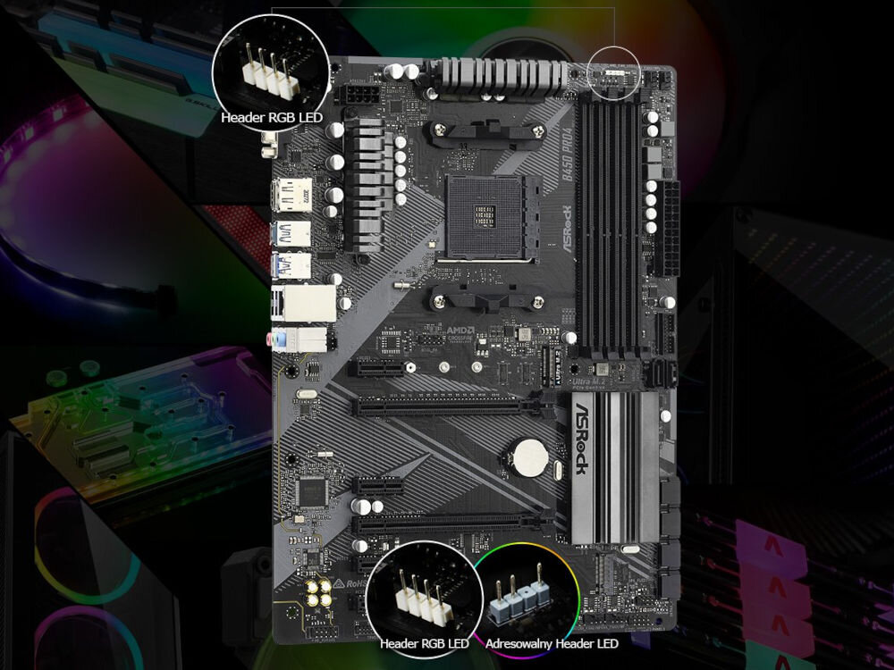 Obraz przedstawia płytę główną z widocznymi złączami i komponentami, na której znajduje się napis \'ASRock\'. Wyróżnione są złącza \'Header RGB LED\' i \'Adresowalny Header LED\'.