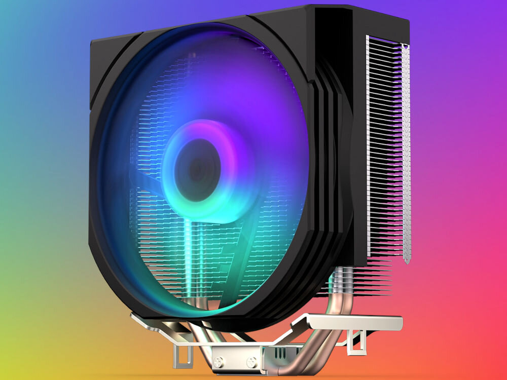 Obraz przedstawia wentylator komputerowy z podświetleniem RGB, zamontowany na radiatorze. Tło jest gradientowe, przechodzące od żółtego do fioletowego.