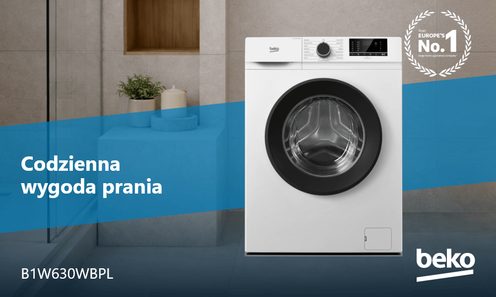 PRALKA BEKO SLIM B100 B1W630WBPL Pralka Beko ładowana od frontu zaprezentowana jest na tle aranżacji łazienki z hasłem „Codzienna wygoda prania” oraz oznaczeniem modelu B1W630WBPL. W prawym górnym rogu widoczny jest znak „from Europe’s No.1”