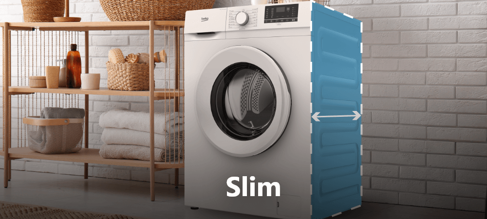 PRALKA BEKO SLIM B100 B1W630WBPL Pralka pokazana jest z boku z zaznaczoną zmniejszoną głębokością obudowy i napisem „Slim”. Strzałki graficzne wskazują oszczędność miejsca 60 x 45 x 88 cm Slim kompaktowa do niewielkich przestrzeni