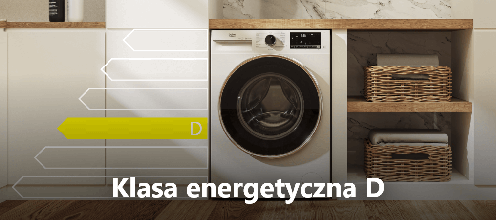 PRALKA BEKO SLIM B100 B1W630WBPL Pralka umieszczona w zabudowie przedstawiona jest z oznaczeniem klasy energetycznej D. Grafika strzałek ilustruje poziom efektywności energetycznej klasa D oszczędność jakość efektywność