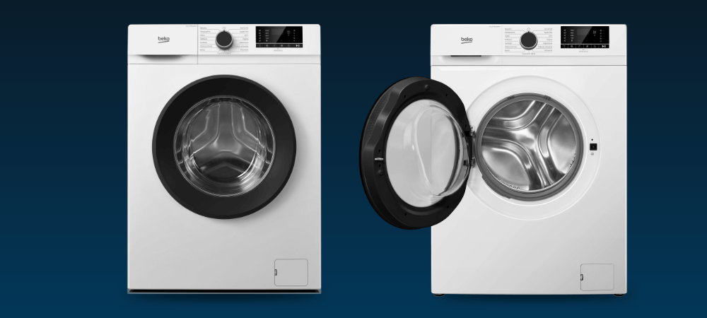PRALKA BEKO SLIM B100 B1W630WBPL Dwa ujęcia pokazują pralkę z zamkniętymi oraz otwartymi drzwiami. Widoczne jest wnętrze bębna i szeroki otwór załadunkowy wyświetlacz 15  programów drzwi  XL 6 kg