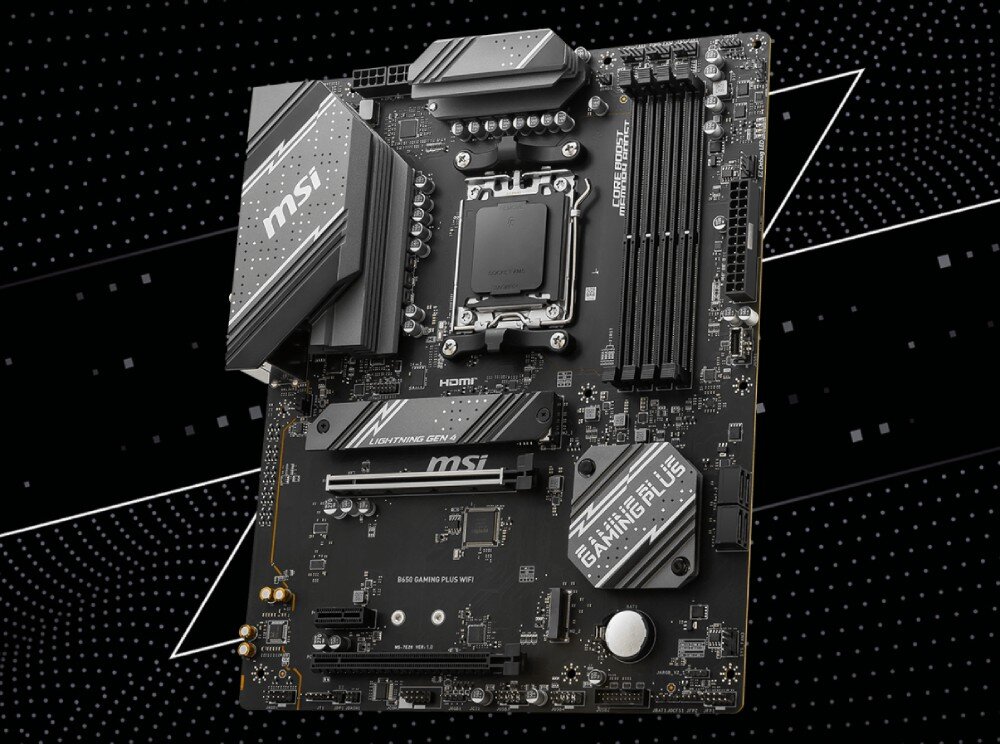 Na obrazie widoczna jest płyta główna z logo \'msi\' oraz napisami \'LIGHTNING GEN 4\' i \'B560 GAMING PLUS WIFI\'. Tło jest czarne z białymi liniami i kropkami.