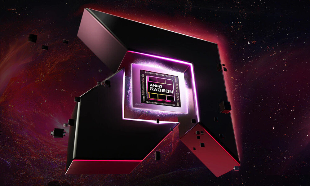 Obraz przedstawia stylizowane logo AMD Radeon na tle kosmicznej scenerii. Logo jest otoczone efektami świetlnymi i unoszącymi się sześcianami.