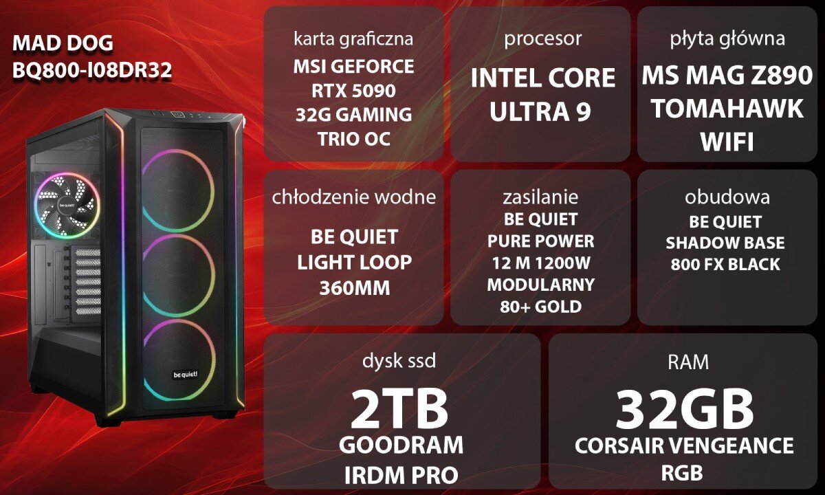Obraz przedstawia komputer z podświetleniem RGB oraz specyfikację techniczną, w tym kartę graficzną MSI GeForce RTX 5090, procesor Intel Core Ultra 9, 32GB RAM Corsair Vengeance RGB, dysk SSD 2TB Goodram IRDM Pro, płytę główną MS MAG Z890 Tomahawk WiFi, chłodzenie wodne Be Quiet Light Loop 360mm, zasilanie Be Quiet Pure Power 12 M 1200W modularny 80+ Gold i obudowę Be Quiet Shadow Base 800 FX Black.