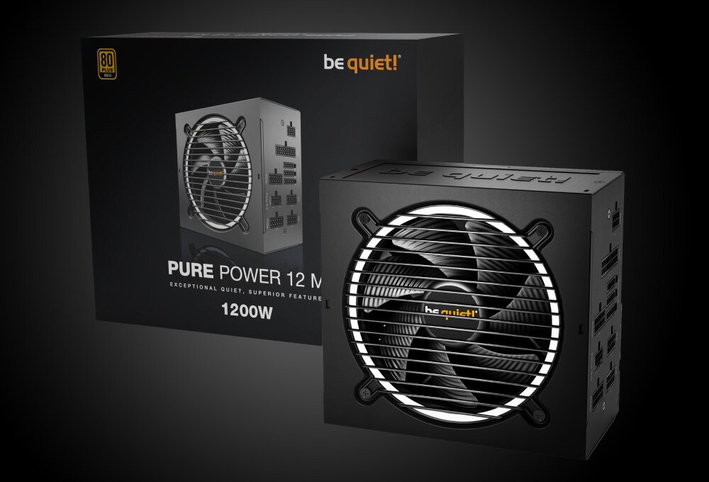 Na obrazie widoczny jest zasilacz komputerowy z logo \'be quiet!\' oraz jego opakowanie z napisem \'PURE POWER 12 M 1200W\'.