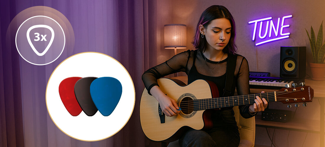 Osoba gra na gitarze akustycznej w pomieszczeniu z neonowym napisem \'TUNE\' na ścianie. Obok widoczne są trzy kostki gitarowe w kolorach czerwonym, czarnym i niebieskim z oznaczeniem \'3x\'.