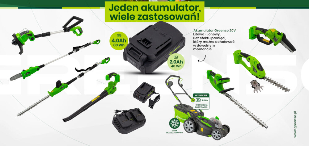 Obraz przedstawia różne narzędzia ogrodowe w kolorze zielonym, z wymiennym akumulatorem Greenso 20V. Widoczny jest tekst: \'Jeden akumulator, wiele zastosowań!\' oraz specyfikacje akumulatorów 4.0Ah 80Wh i 2.0Ah 40Wh.