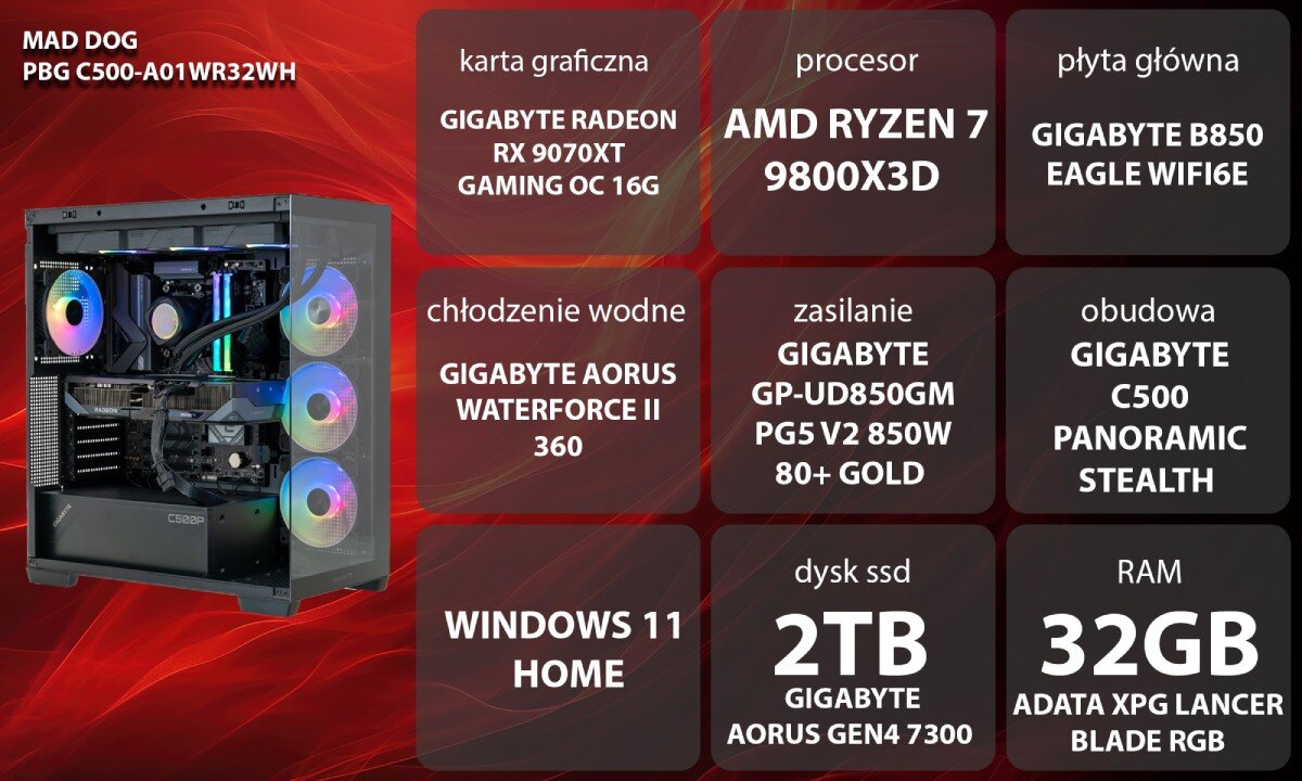 Obraz przedstawia komputer z przezroczystą obudową, w której widać podświetlone wentylatory. Obok znajdują się informacje o specyfikacji: karta graficzna GIGABYTE RADEON RX 9070XT GAMING OC 16G, procesor AMD RYZEN 7 9800X3D, płyta główna GIGABYTE B850 EAGLE WIFI6E, chłodzenie wodne GIGABYTE AORUS WATERFORCE II 360, zasilanie GIGABYTE GP-UD850GM PG5 V2 850W 80+ GOLD, obudowa GIGABYTE C500 PANORAMIC STEALTH, system WINDOWS 11 HOME, dysk SSD 2TB GIGABYTE AORUS GEN4 7300, RAM 32GB ADATA XPG LANCER BLADE RGB.