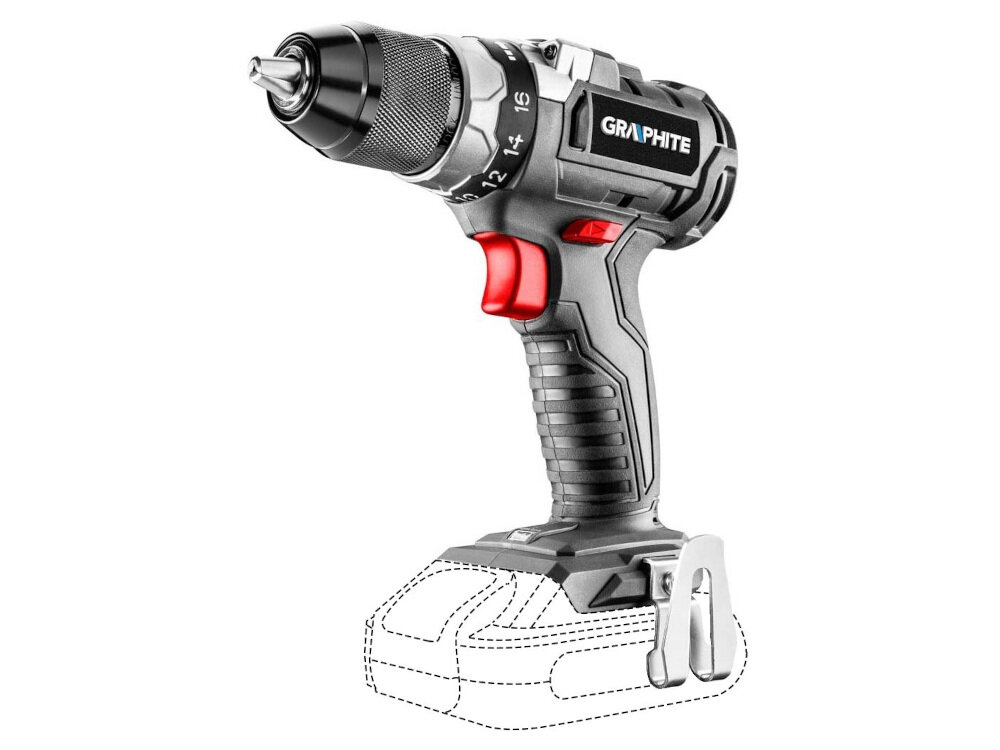 Wiertarko-wkrętarka GRAPHITE 58G019 Energy+ zasilanie akumulatorowe akumulator Li-Ion napięcie 18 V technologia litowo-jonowa maksymalny moment obrotowy do 58 Nm model dostępny bez akumulatora i ładowarki