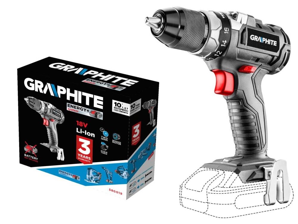 Wiertarko-wkrętarka GRAPHITE 58G019 Energy+ solidny uchwyt kompaktowa ergonomiczna konstrukcja rękojeść powleczona antypoślizgowym materiałem