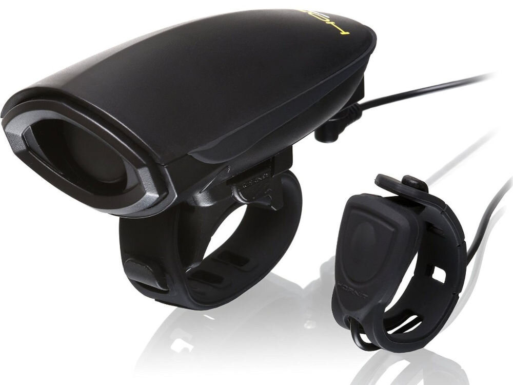 Czarny dzwonek rowerowy z napisem \'HORNIT\' w kolorze żółtym, posiada uchwyt montażowy i przewód z przyciskiem. Produkt ma nowoczesny, aerodynamiczny kształt.