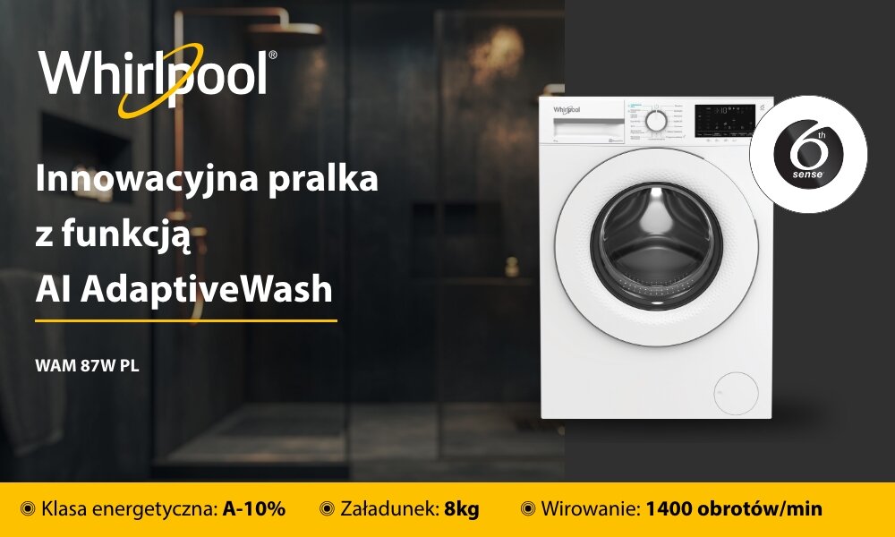 Obraz przedstawia pralkę z napisem \'Whirlpool Innowacyjna pralka z funkcją AI AdaptiveWash WAM 87W PL\'. Na dole znajdują się informacje: \'Klasa energetyczna: A-10%\', \'Załadunek: 8kg\', \'Wirowanie: 1400 obrotów/min\'.