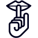 Ikona przedstawia dłoń z palcem wskazującym przyłożonym do ust, co symbolizuje ciszę. Obraz jest w kolorze czarnym na przezroczystym tle.