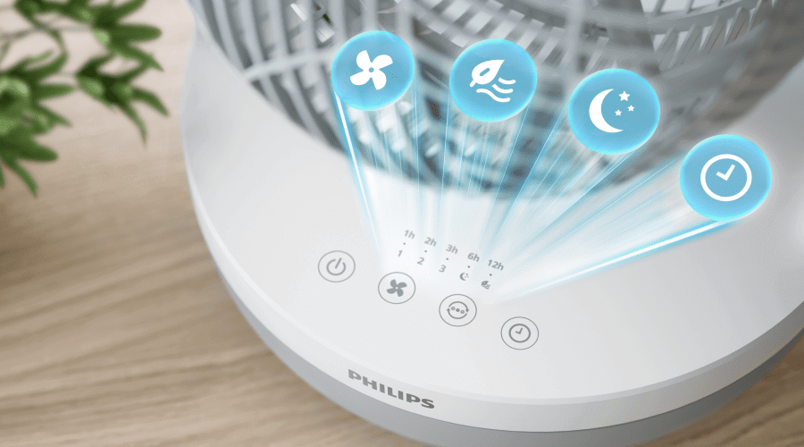 Na zdjęciu widoczna jest podstawa wentylatora z logo PHILIPS oraz przyciskami dotykowymi. Nad przyciskami unoszą się ikony symbolizujące różne funkcje urządzenia.
