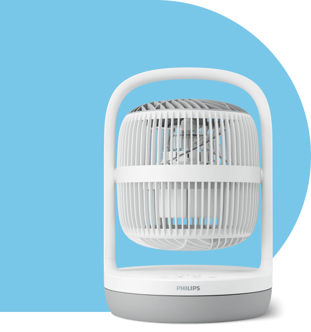 Wentylator o nowoczesnym designie z białą obudową i logo PHILIPS na podstawie, umieszczony na niebieskim tle.