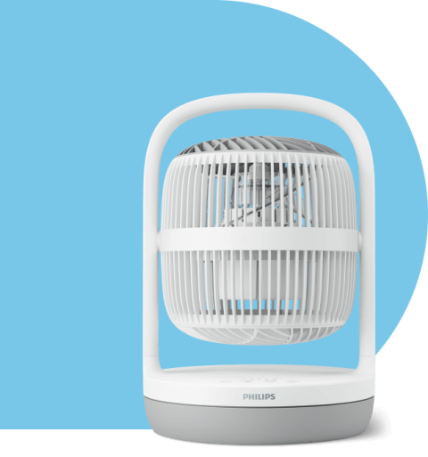 Wentylator o nowoczesnym designie z białą obudową i logo PHILIPS na podstawie, umieszczony na niebieskim tle.