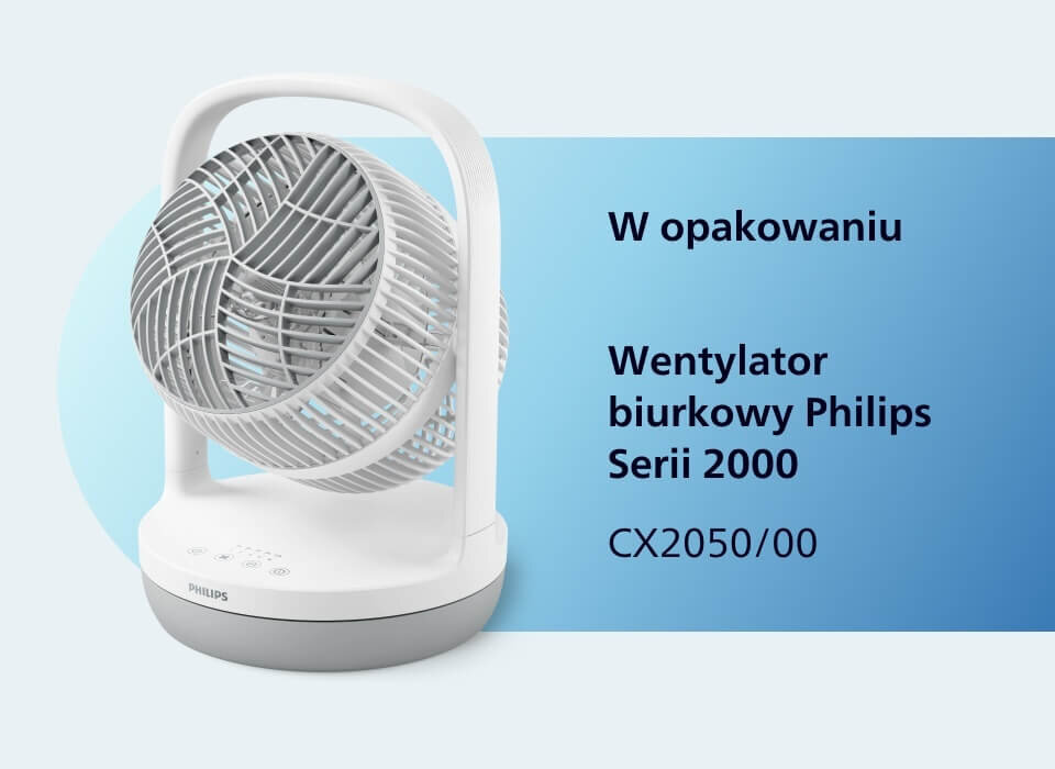 Na obrazie znajduje się biały wentylator biurkowy z logo Philips na podstawie. Obok widnieje tekst: \'W opakowaniu Wentylator biurkowy Philips Serii 2000 CX2050/00\'.
