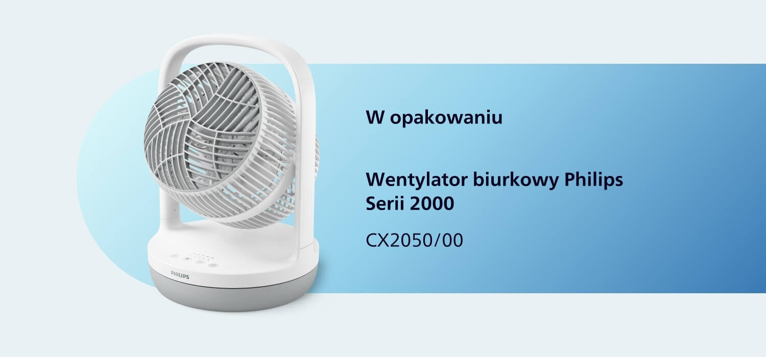 Na obrazie znajduje się biały wentylator biurkowy z szarymi elementami, obok którego widnieje tekst: \'W opakowaniu Wentylator biurkowy Philips Serii 2000 CX2050/00\'.