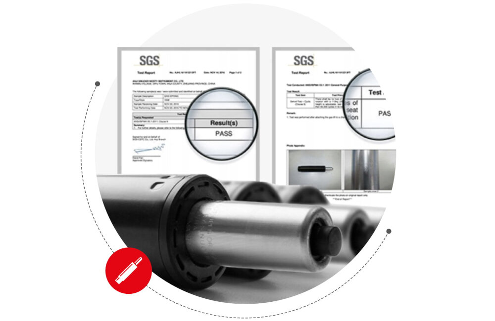 Obraz przedstawia metalowy element cylindryczny na pierwszym planie oraz dwa dokumenty z logo \'SGS\' w tle. Na dokumentach widoczny jest tekst \'Result(s) PASS\'.