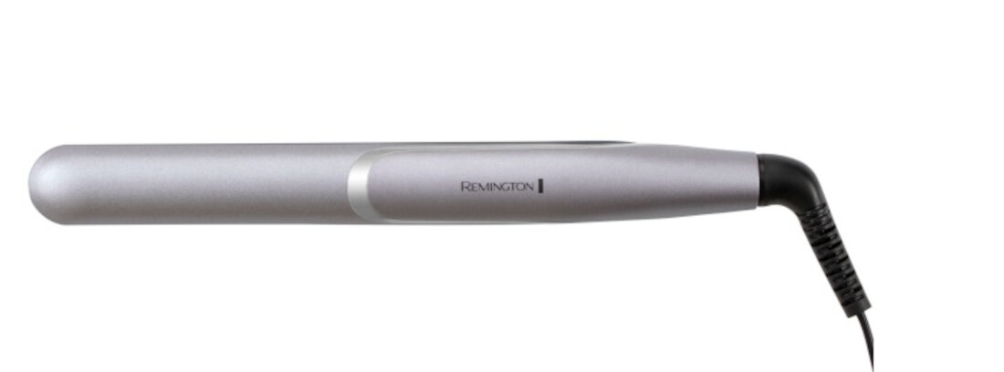 Prostownica w kolorze srebrnym z czarnym przewodem, na której widoczne jest logo \'Remington\'.
