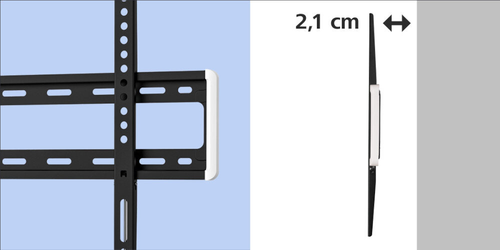 Obraz przedstawia czarny uchwyt do telewizora z otworami montażowymi na niebieskim tle. Obok widoczny jest profil uchwytu z napisem \'2,1 cm\' oraz strzałką wskazującą szerokość.