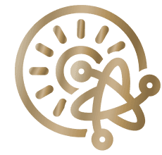 Złoty symbol przedstawiający stylizowane słońce i atom na przezroczystym tle.