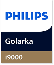 Logo PHILIPS na białym tle z napisem \'Golarka i9000\' na granatowym i brązowym tle.