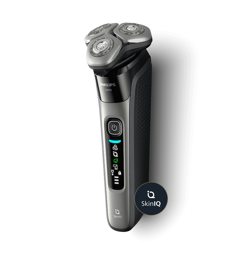 Golarka z trzema okrągłymi głowicami tnącymi, wyświetlaczem LED i przyciskiem zasilania. Widoczne logo \'PHILIPS\' oraz napis \'SkinIQ\'.