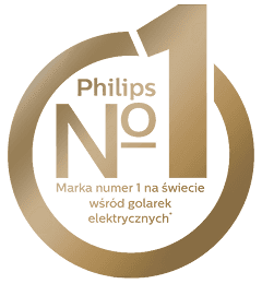 Złote logo z napisem \'Philips No. 1 Marka numer 1 na świecie wśród golarek elektrycznych\'.