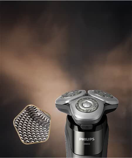 Golarka z trzema okrągłymi głowicami tnącymi, poniżej widoczne logo PHILIPS i oznaczenie modelu i9000. Obok znajduje się zbliżenie na teksturę siateczki tnącej.