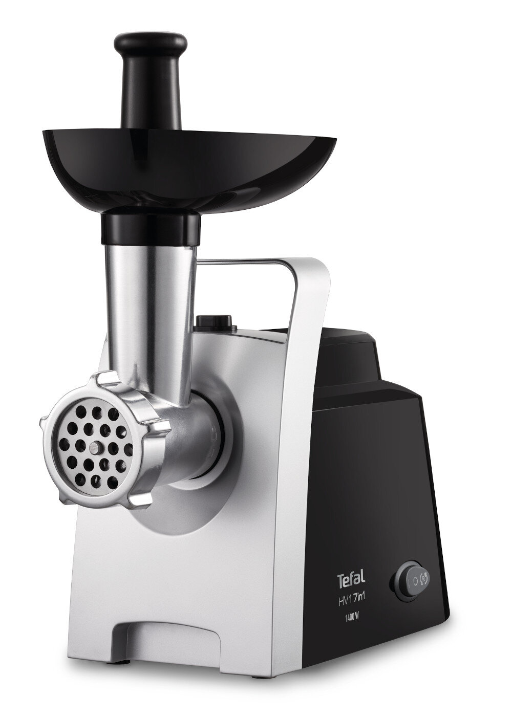 Maszynka do mięsa z metalowym korpusem i czarnymi elementami, posiada okrągłą tarczę z otworami. Na obudowie widoczne jest logo \'Tefal\' oraz napis \'HV7 7in1 1400 W\'.