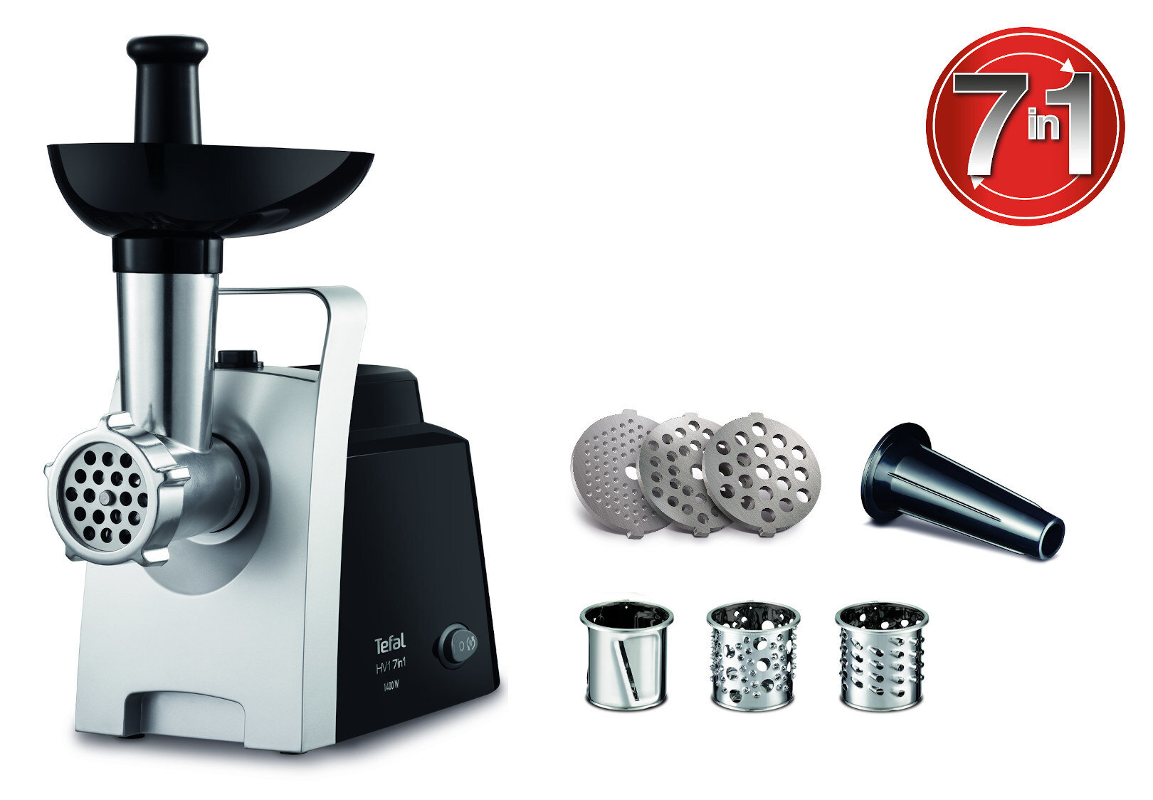 Na obrazie znajduje się maszynka do mięsa z logo \'Tefal\' oraz różne akcesoria, takie jak tarcze i nasadki. W prawym górnym rogu widnieje czerwone logo z napisem \'7 in 1\'.