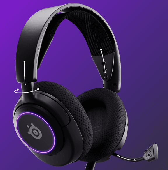 Czarne słuchawki nauszne z mikrofonem, posiadające podświetlenie LED wokół nauszników. Na nauszniku widoczne jest logo SteelSeries.