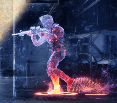 Obraz przedstawia postać w hełmie i z bronią, wykonaną w stylu neonowym z czerwonymi i różowymi akcentami, na tle ciemnego, industrialnego otoczenia.
