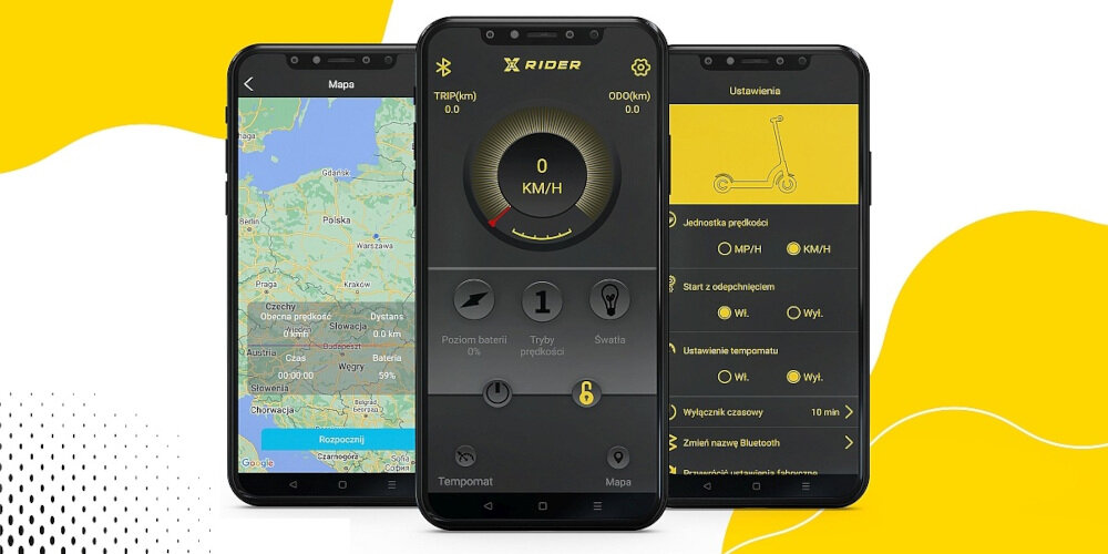 Trzy smartfony z aplikacją XRIDER, pokazującą mapę, prędkość 0 KM/H oraz ustawienia hulajnogi elektrycznej. Na ekranach widoczne są różne funkcje, takie jak jednostka prędkości i ustawienia świateł.