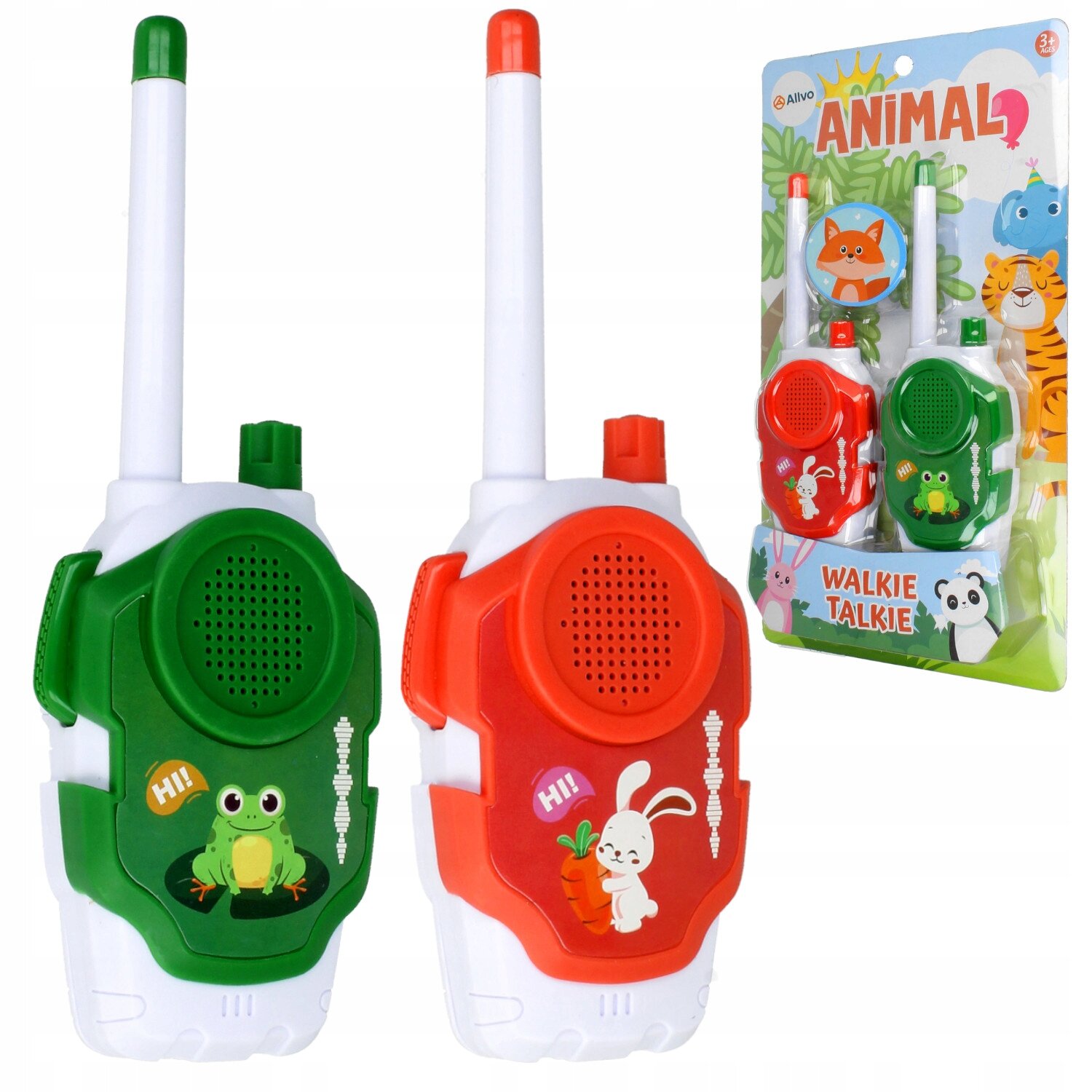 Zestaw dwóch krótkofalówek dla dzieci, jedna zielona z motywem żaby, druga czerwona z motywem królika. Opakowanie z napisem \'ANIMAL WALKIE TALKIE\' przedstawia oba urządzenia oraz ilustracje zwierząt.