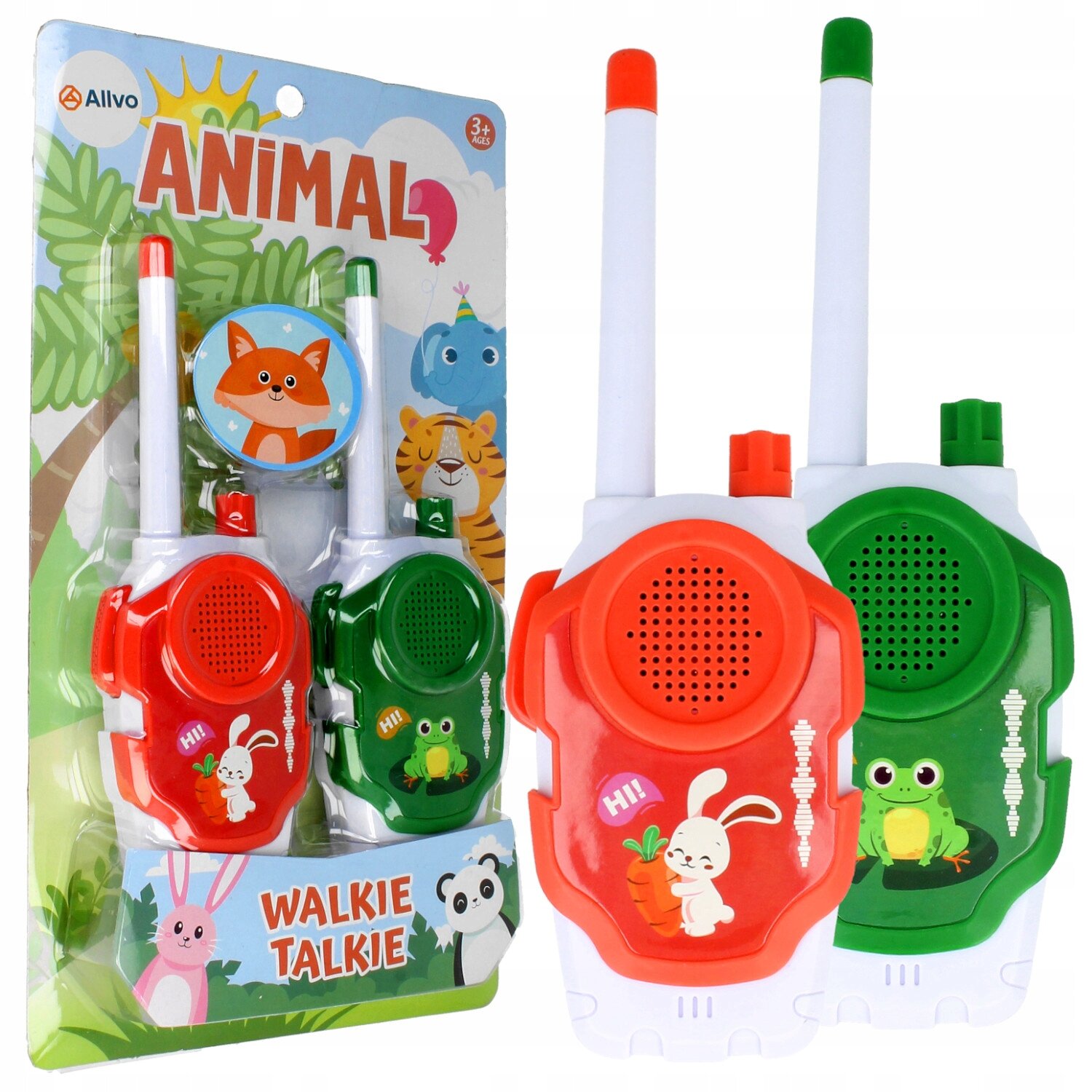 Zestaw dwóch krótkofalówek dla dzieci w kolorach czerwonym i zielonym z motywami zwierzęcymi. Opakowanie zawiera napisy \'ANIMAL\' i \'WALKIE TALKIE\'.