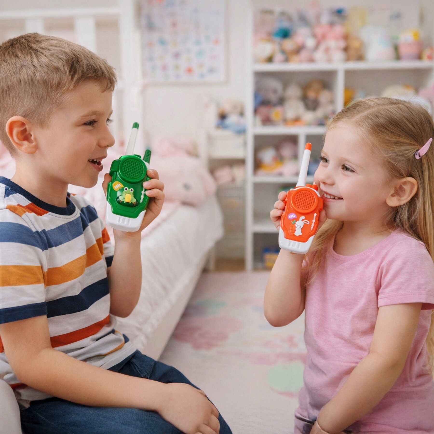 Dwoje dzieci bawi się krótkofalówkami; jedno trzyma zieloną z motywem żaby, a drugie pomarańczową z motywem królika. W tle widać półki z zabawkami i łóżko.
